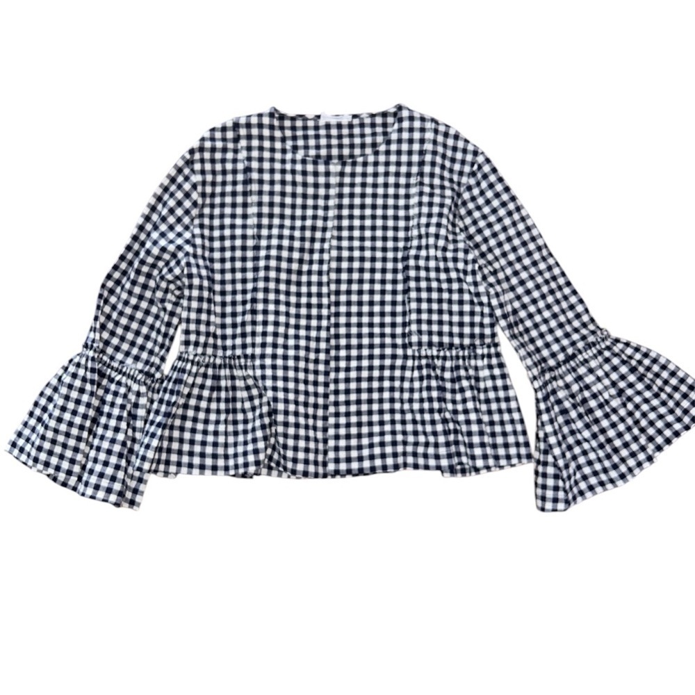 Félicité Gingham open front navy and white. 3/4 bell sleeves.